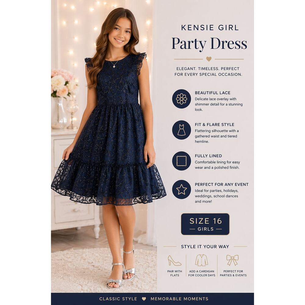 Kensie Girl Party Dress Lace Navy SZ16 Sleeveless Party Formal Holiday Wedding